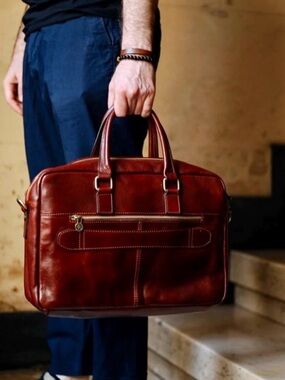 Aigin Milano brown cognac Italian leather briefcase crossbody Tuscany laptop bag